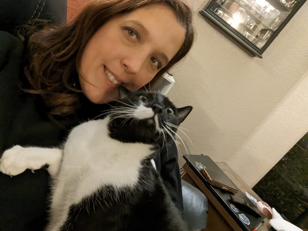 Stephanie and her tuxedo cat